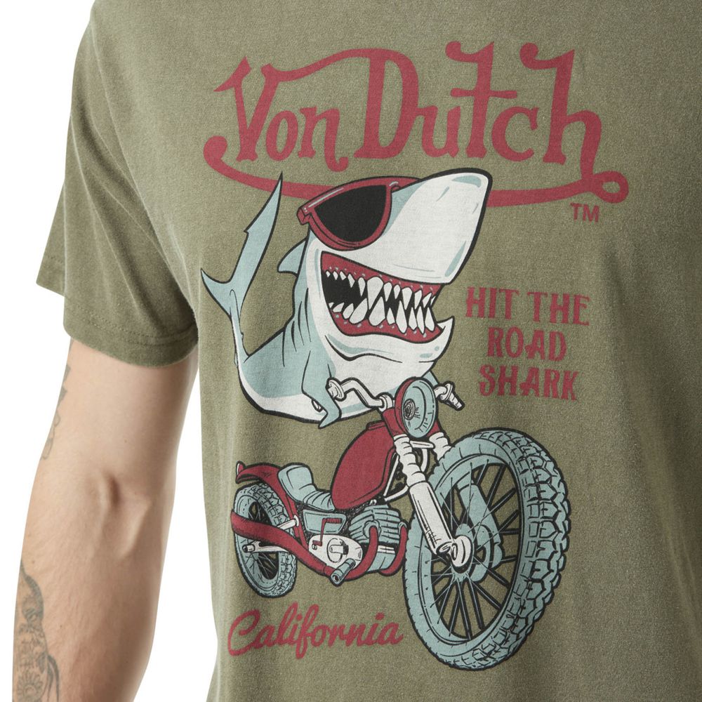 Von Dutch Round Neck Printed With Acid Wash In Shark Cotton Men T-Shirt Khaki | US-YJAEBP641