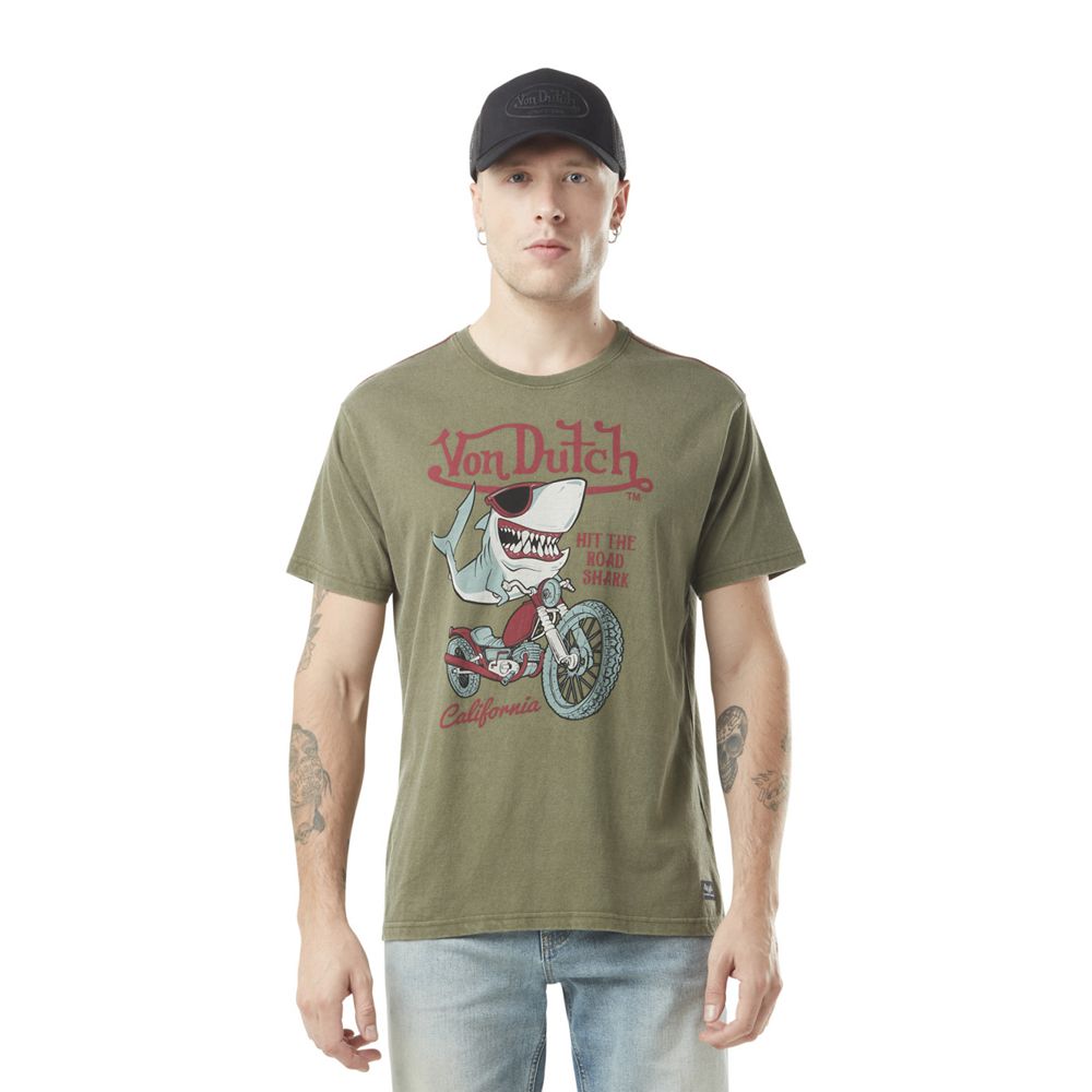 Von Dutch Round Neck Printed With Acid Wash In Shark Cotton Men T-Shirt Khaki | US-YJAEBP641