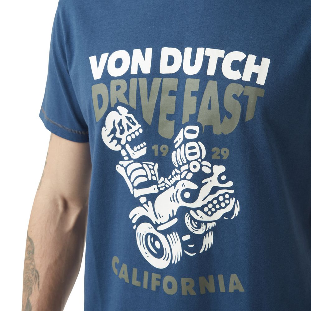 Von Dutch Round Neck With Front Print In Cotton Drive Men T-Shirt Dark Blue / White / Grey | US-FPJRXK491