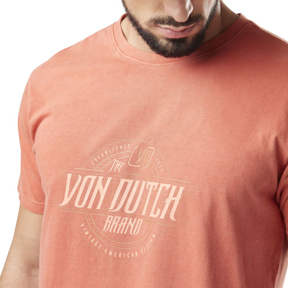 Von Dutch Round Neck With Front Print With Acid Wash In Cotton Brand Men T-Shirt Red | US-JQLRIX218