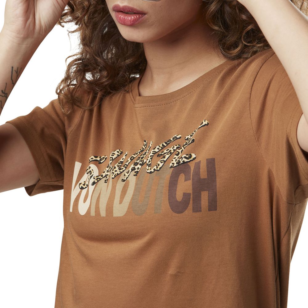 Von Dutch Round Neck With Leopard Cotton Print Women T-Shirt Brown | US-JUMXBC162