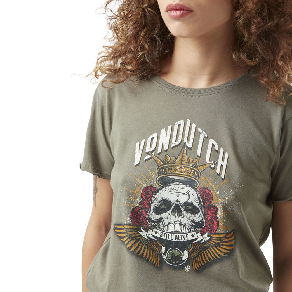 Von Dutch Round Neck With Rose Cotton Print Women T-Shirt Green Khaki | US-ULKXVY987