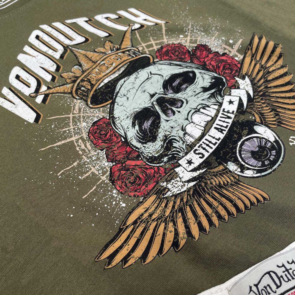 Von Dutch Round Neck With Rose Cotton Print Women T-Shirt Green Khaki | US-ULKXVY987