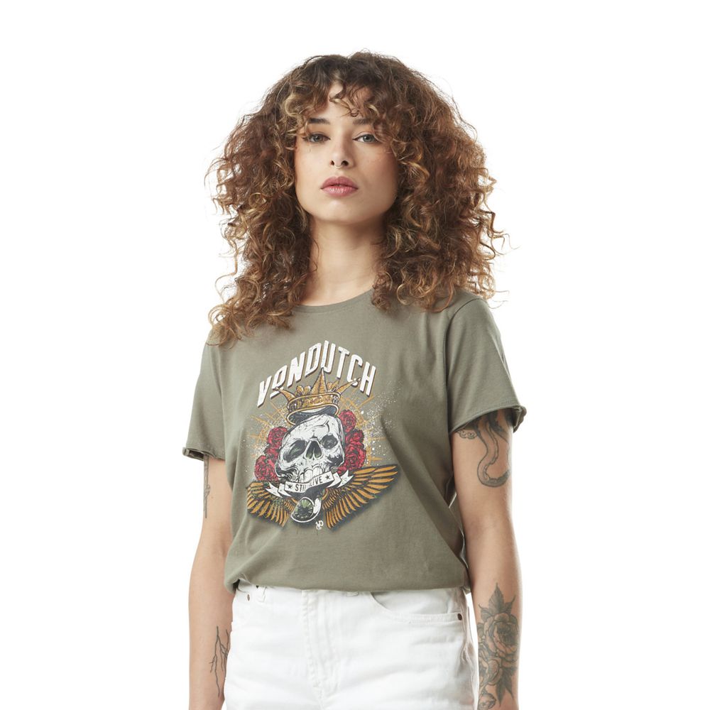 Von Dutch Round Neck With Rose Cotton Print Women T-Shirt Green Khaki | US-ULKXVY987