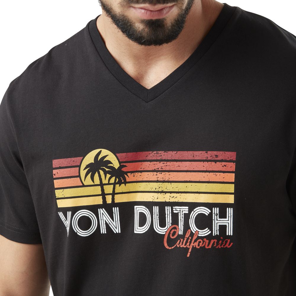 Von Dutch Round Neck With Sun Cotton Print Men T-Shirt Black / Red / Yellow / White | US-NJVBEA527