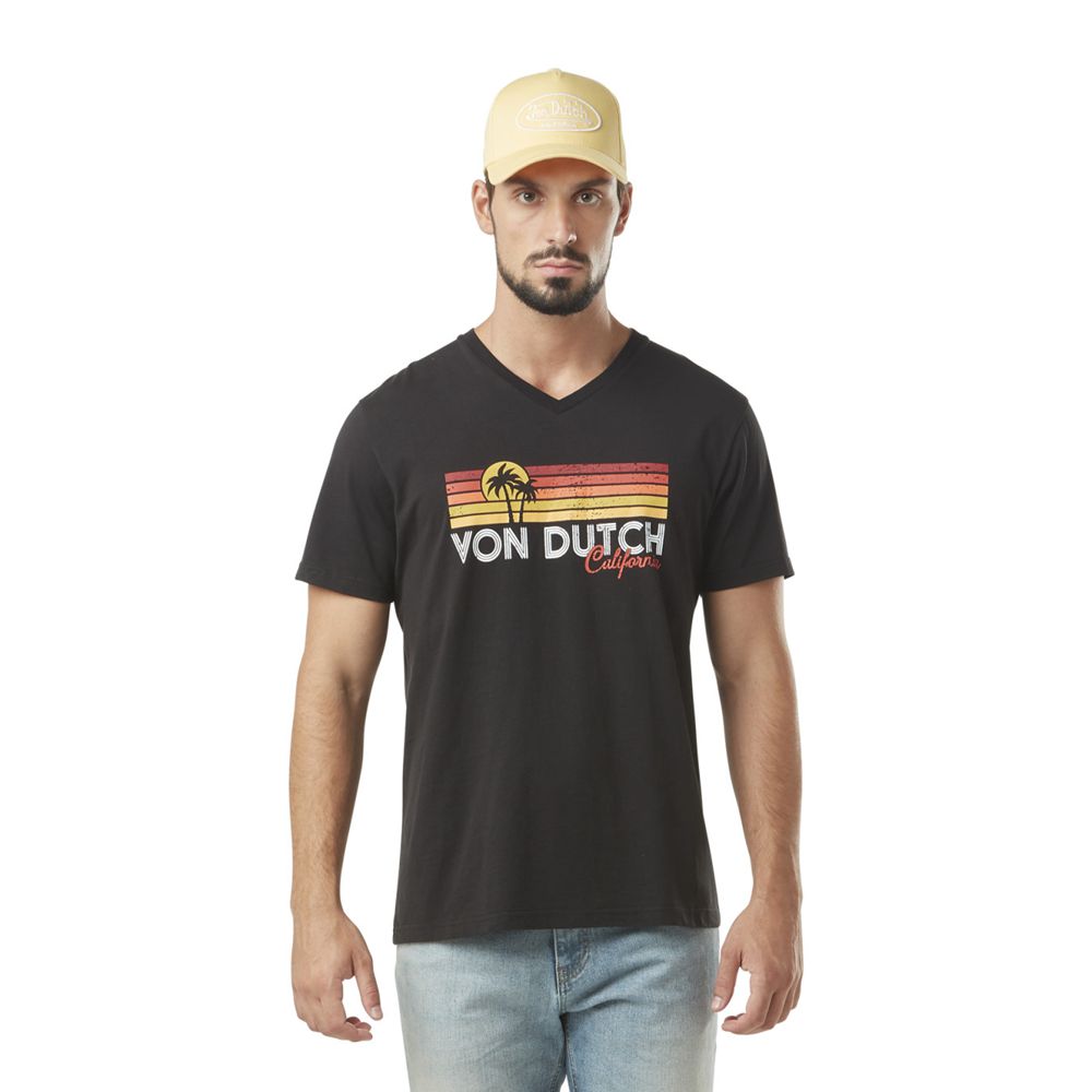 Von Dutch Round Neck With Sun Cotton Print Men T-Shirt Black / Red / Yellow / White | US-NJVBEA527