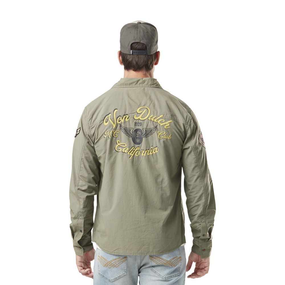 Von Dutch Rudy Long Sleeve Cotton Patch Men Shirts Khaki | US-EKNBAJ631