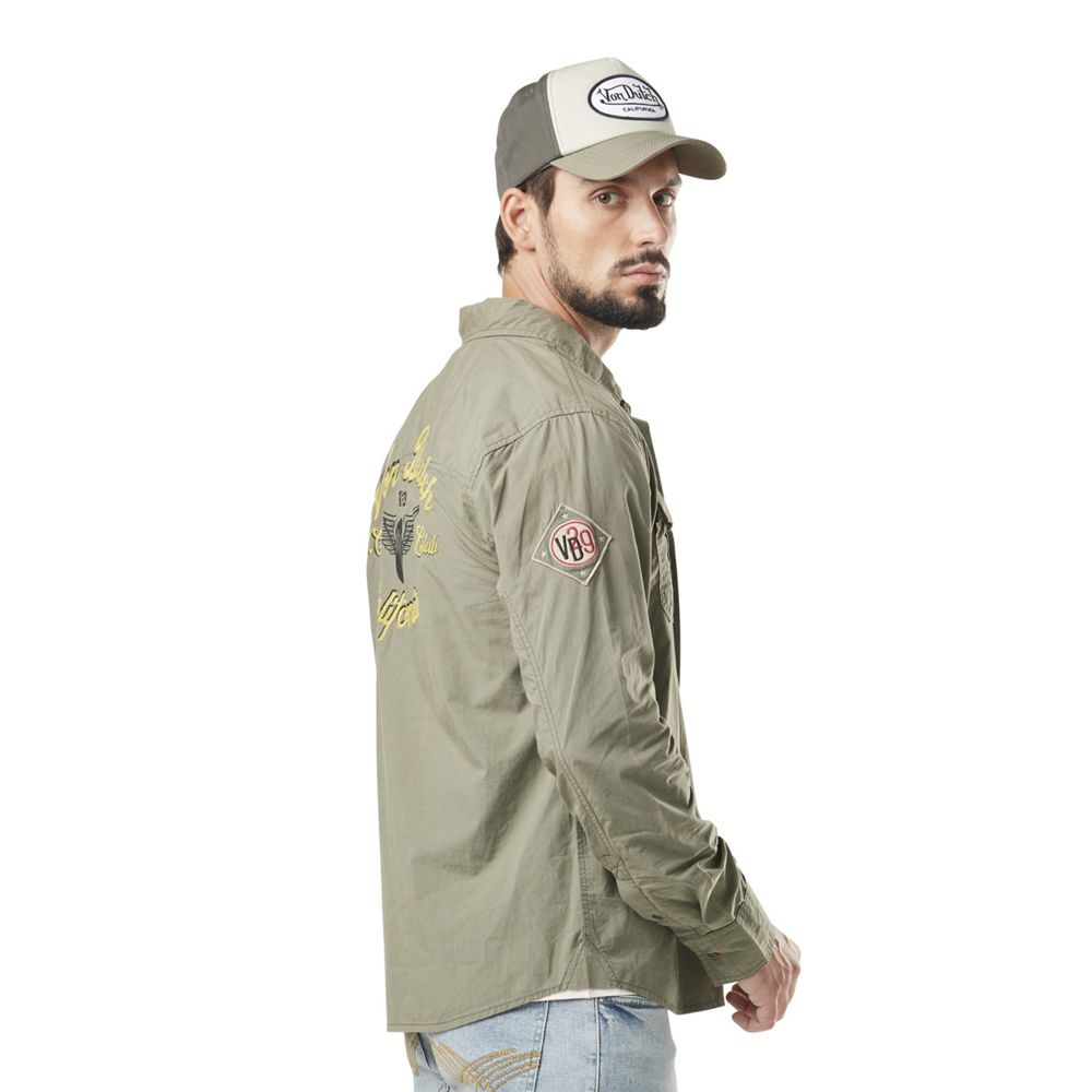 Von Dutch Rudy Long Sleeve Cotton Patch Men Shirts Khaki | US-EKNBAJ631