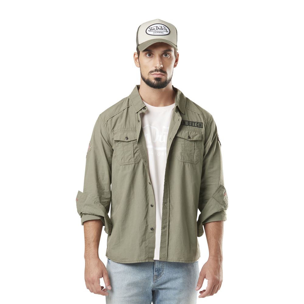 Von Dutch Rudy Long Sleeve Cotton Patch Men Shirts Khaki | US-EKNBAJ631