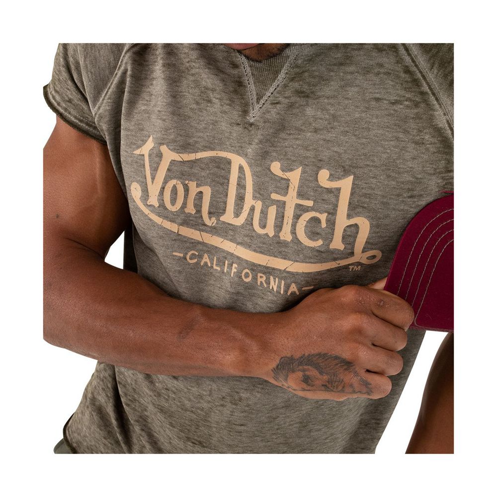 Von Dutch Short Sleeve Distressed With Front Print Tast Men T-Shirt Khaki | US-OLBCDT267