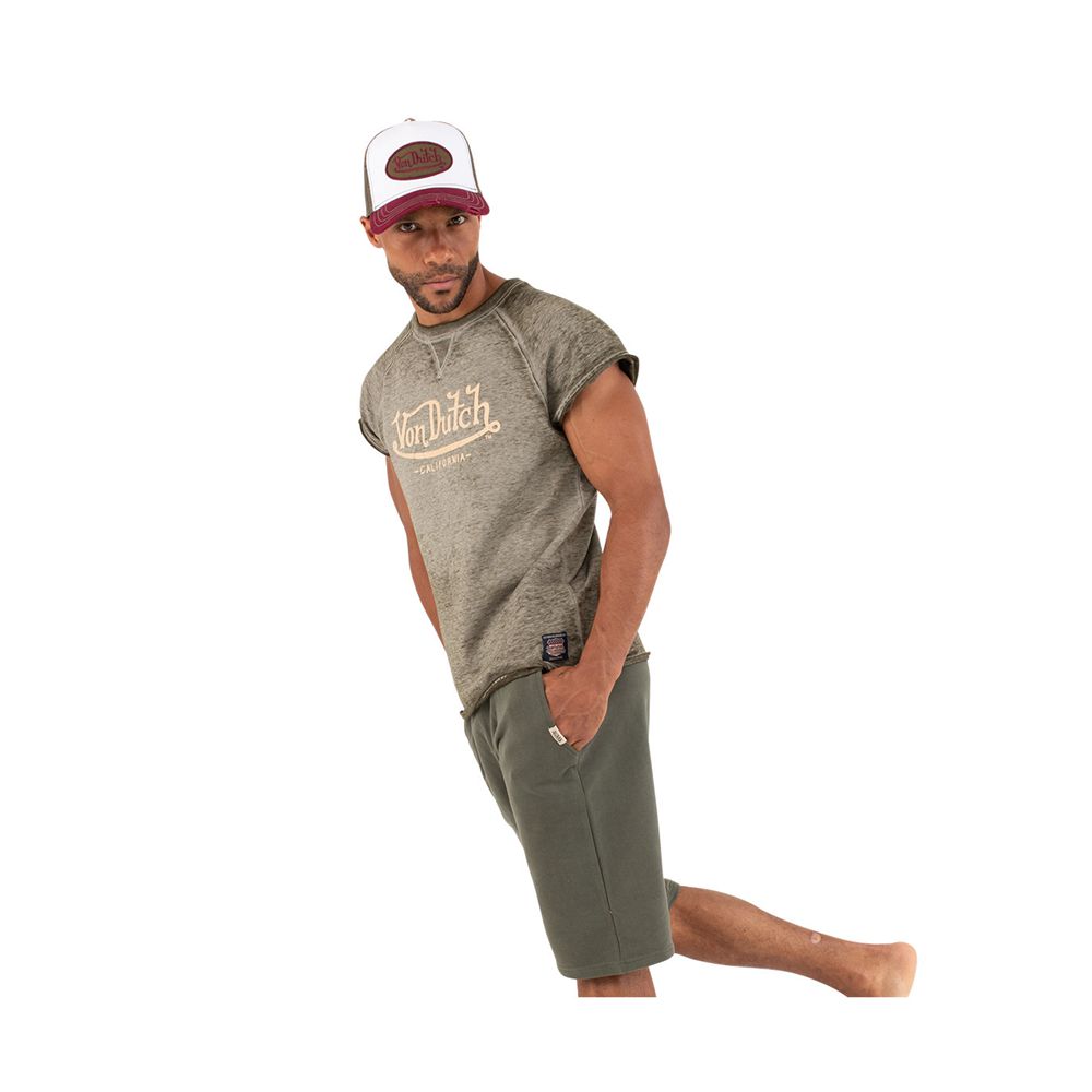 Von Dutch Short Sleeve Distressed With Front Print Tast Men T-Shirt Khaki | US-OLBCDT267