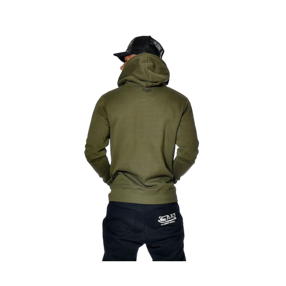 Von Dutch Sliman Front Printed Zippered Men Hoodie Green Khaki | US-JXZMLC139