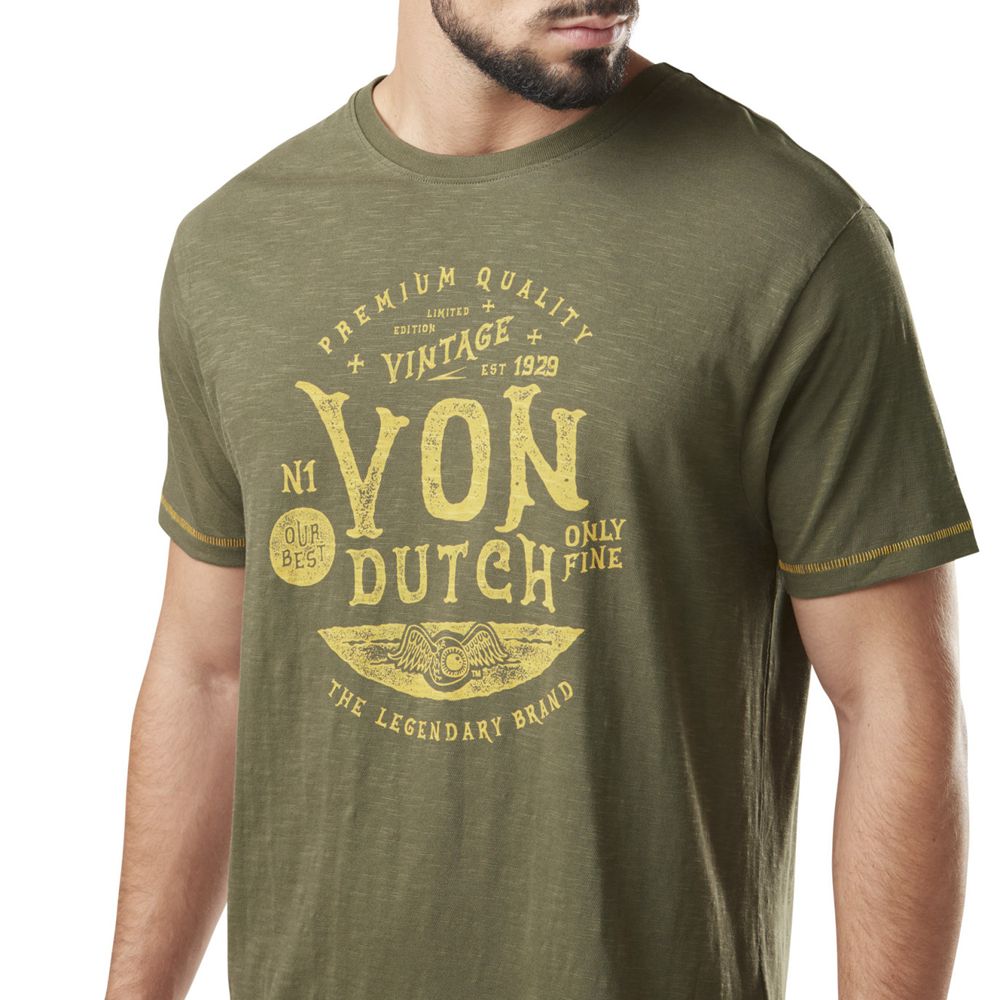 Von Dutch Slub Round Neck With Print In Cotton Perst Men T-Shirt Khaki / Yellow | US-CJYANE602