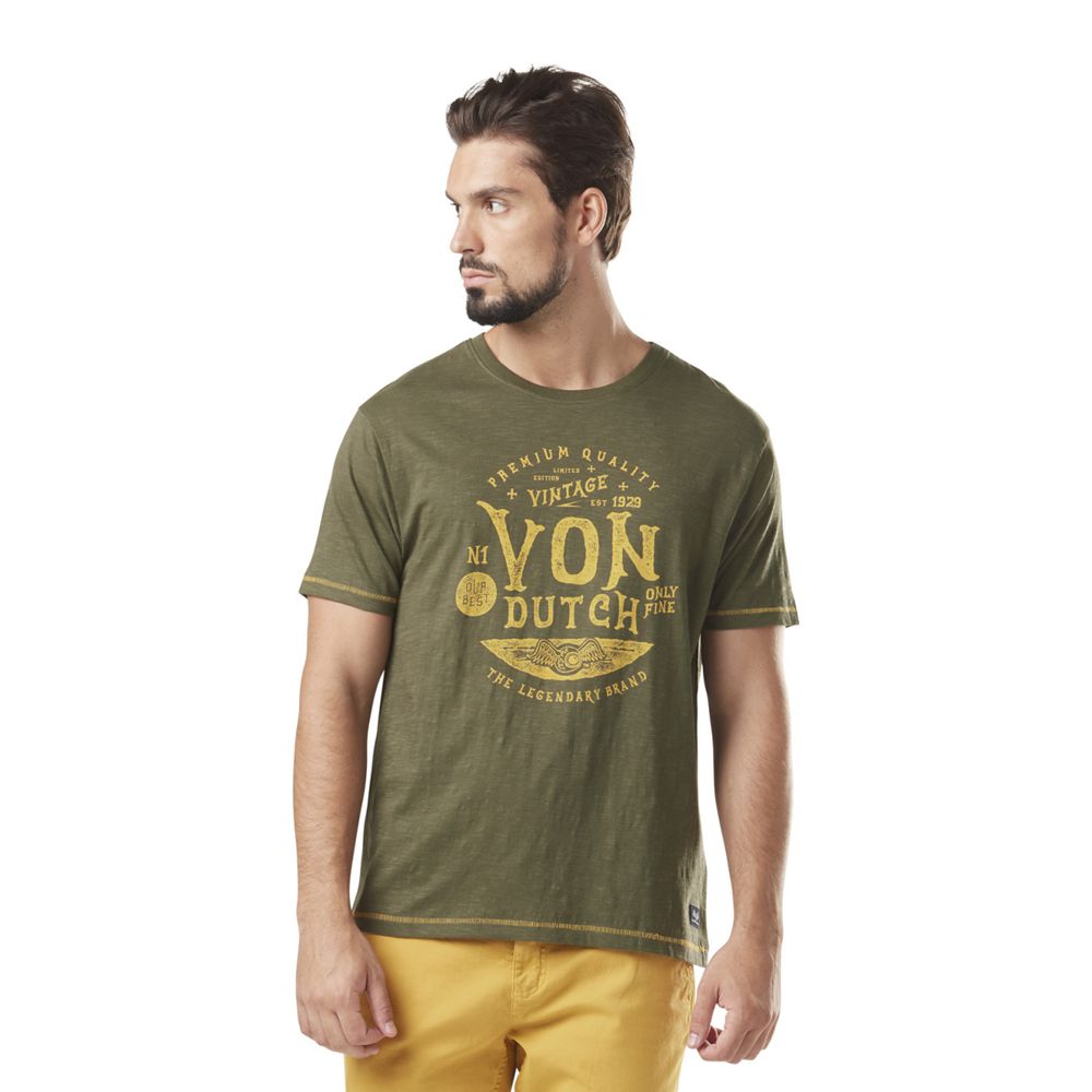 Von Dutch Slub Round Neck With Print In Cotton Perst Men T-Shirt Khaki / Yellow | US-CJYANE602