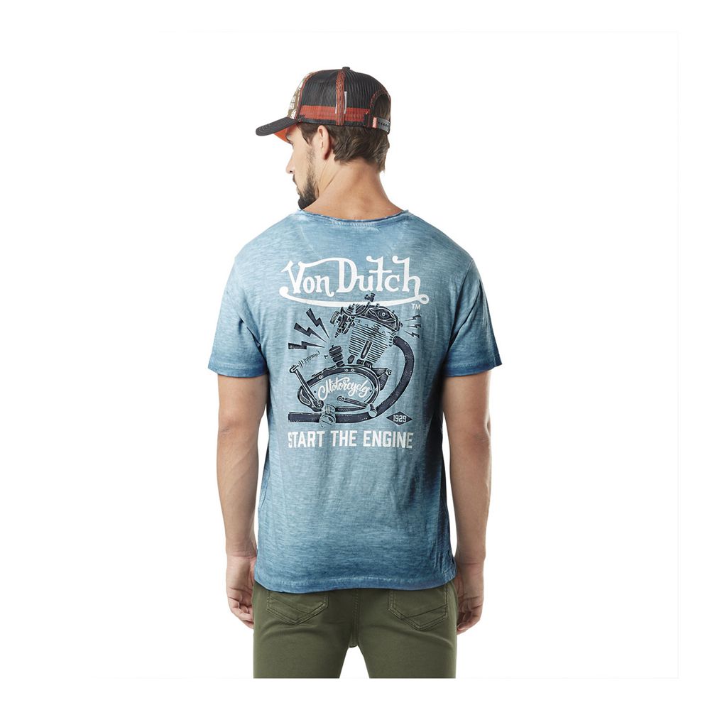 Von Dutch Slub Round Neck With Print In Pist Cotton Men T-Shirt Light Blue | US-IWAZXP712