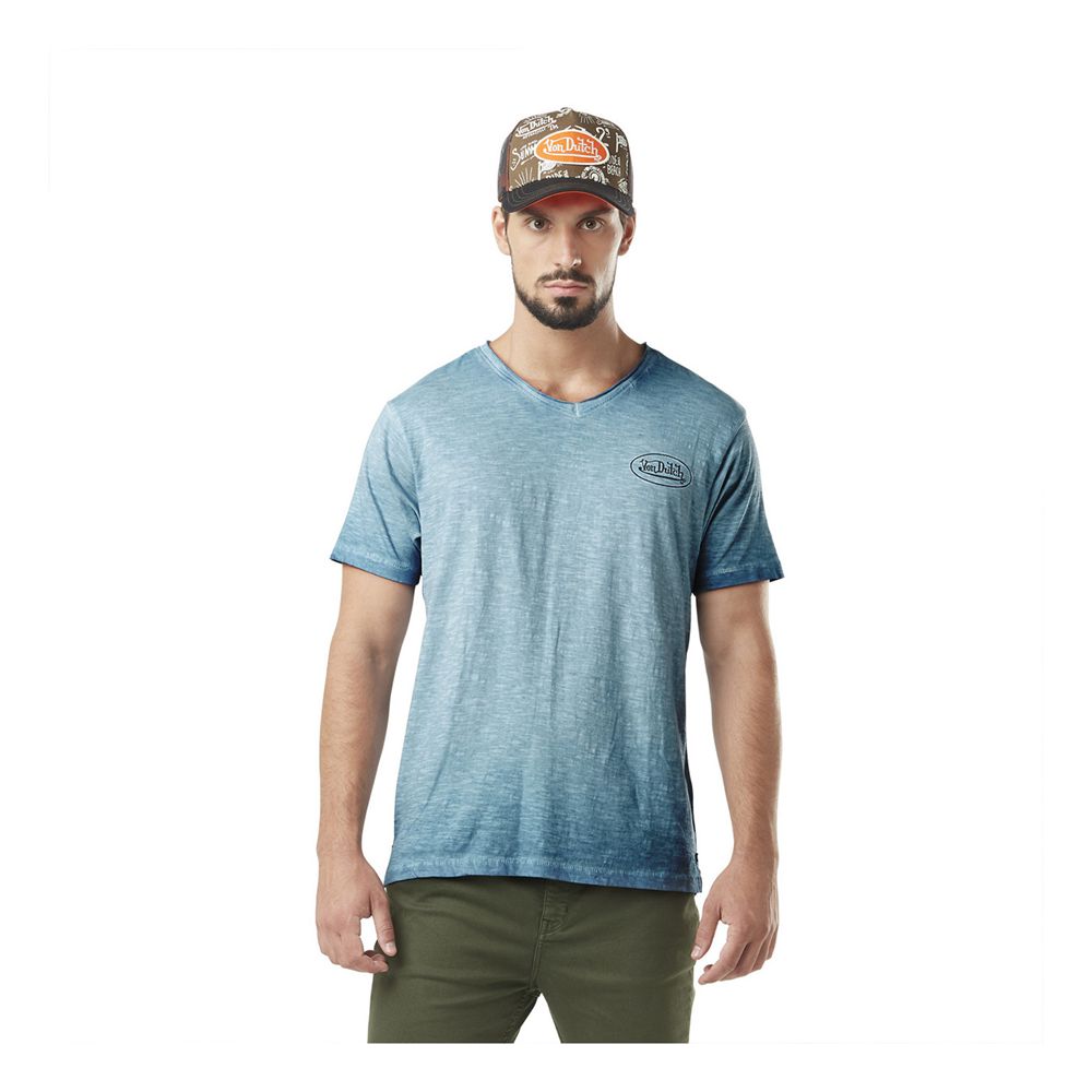 Von Dutch Slub Round Neck With Print In Pist Cotton Men T-Shirt Light Blue | US-IWAZXP712