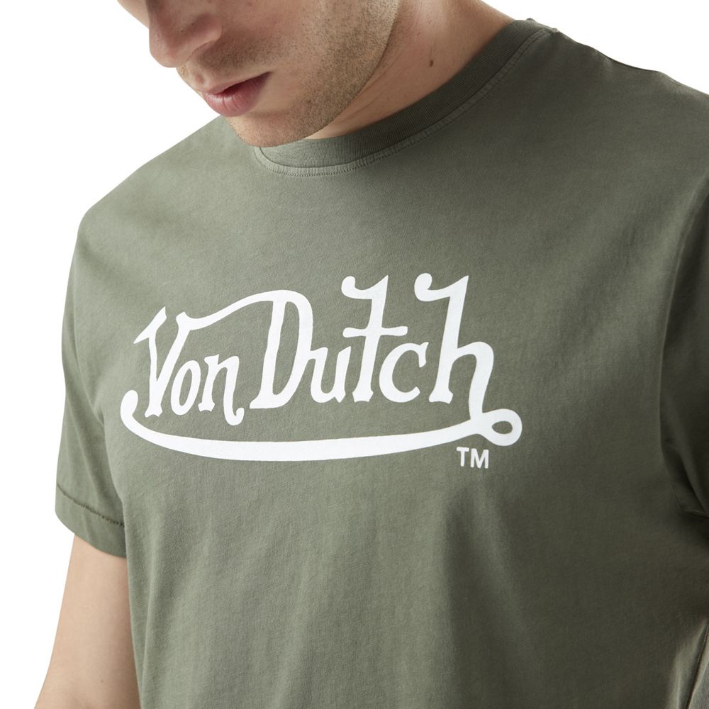 Von Dutch Stretch Round Neck With Life Logo Men T-Shirt Green Khaki / White | US-QUTCNA239