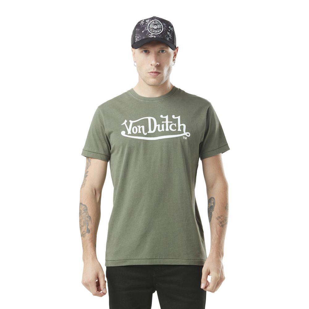 Von Dutch Stretch Round Neck With Life Logo Men T-Shirt Green Khaki / White | US-QUTCNA239