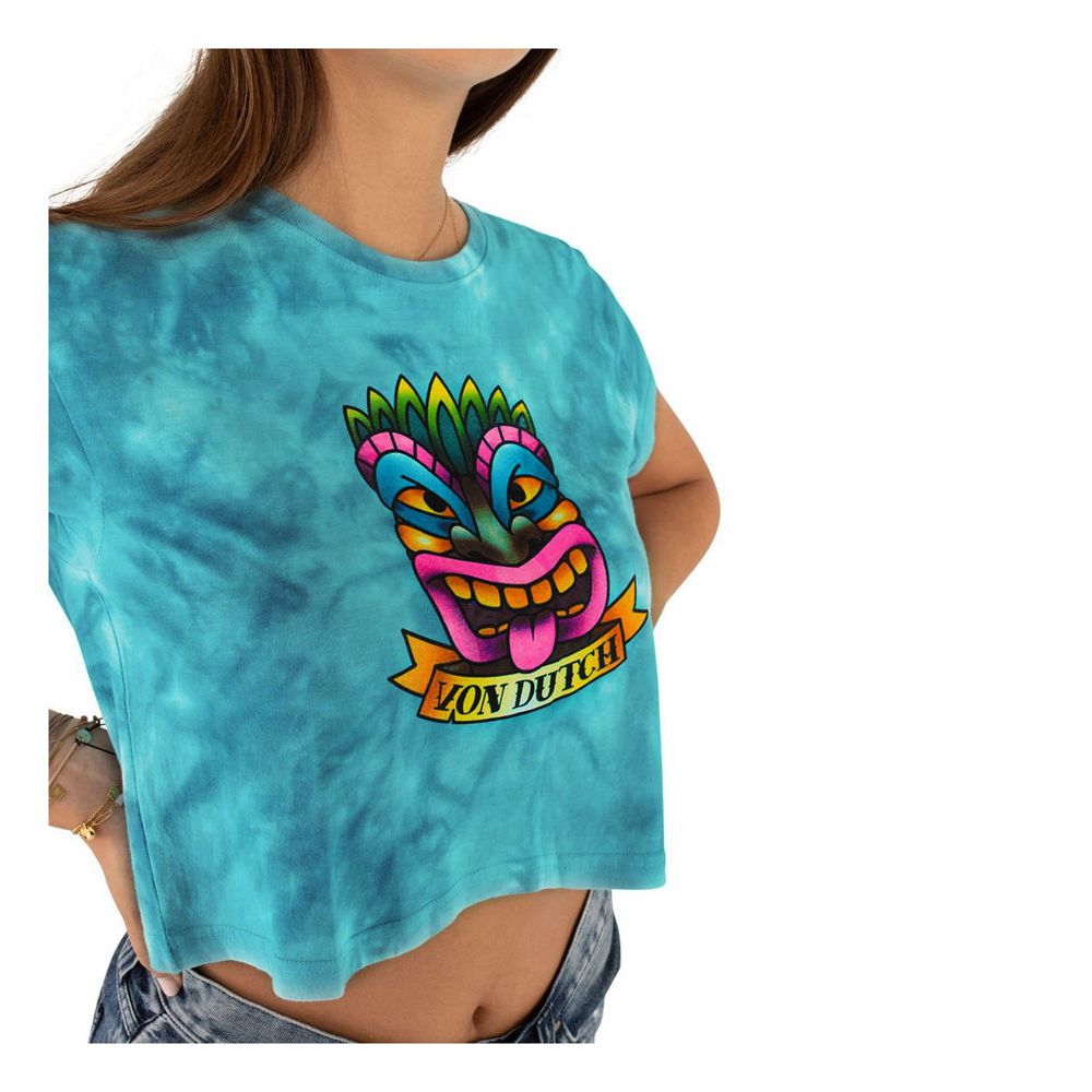 Von Dutch Tika Tie And Dye Cotton Women Crop Top Turquoise / Rose / Yellow | US-UQPOGT830