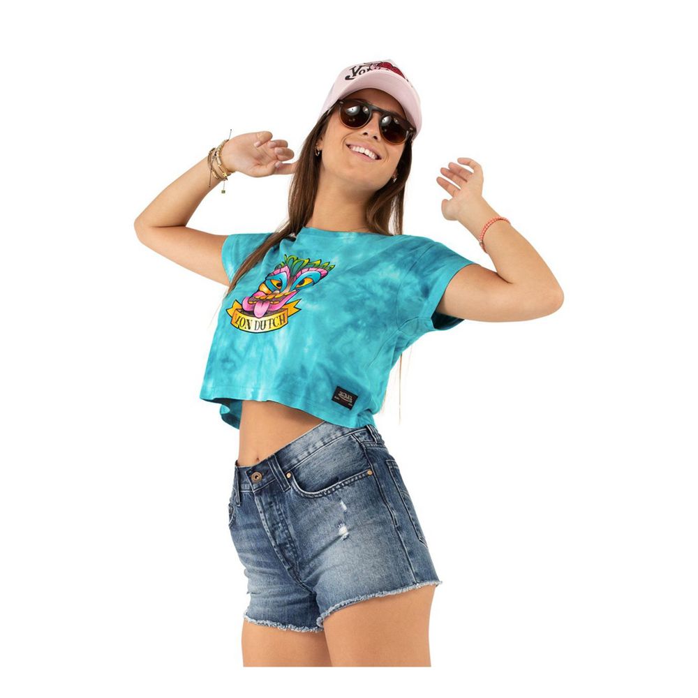 Von Dutch Tika Tie And Dye Cotton Women Crop Top Turquoise / Rose / Yellow | US-UQPOGT830