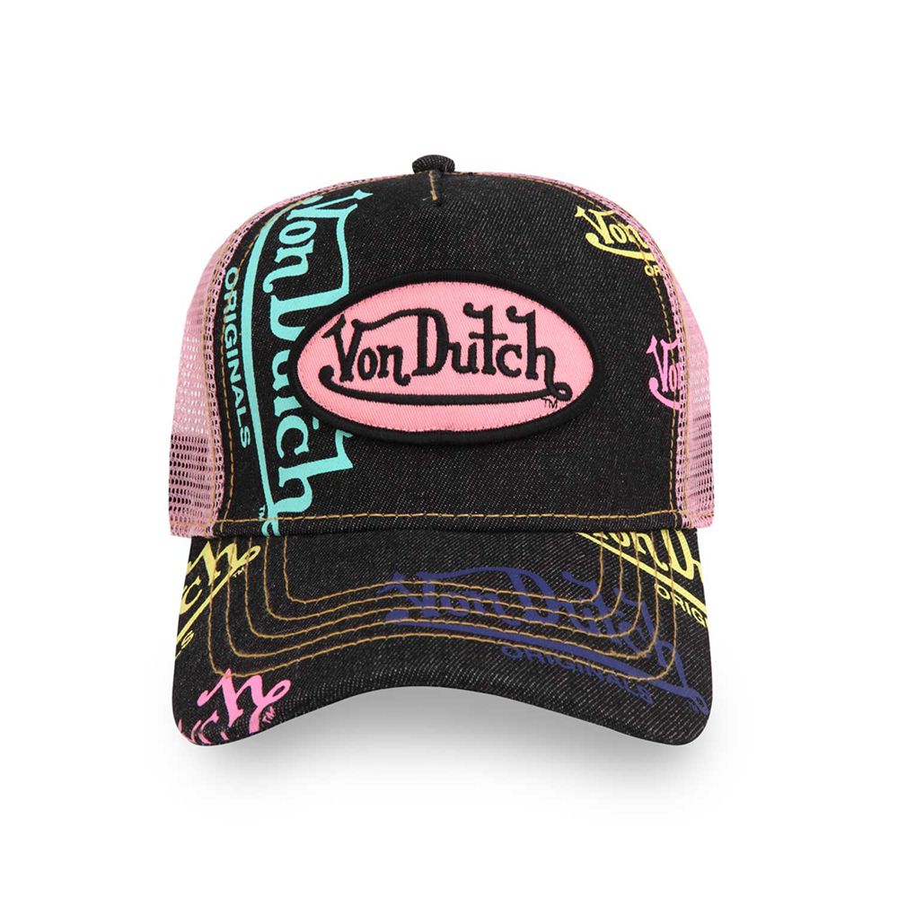 Von Dutch Trucker Logo Denim Cap Black / Pink | US-ANLRUY710