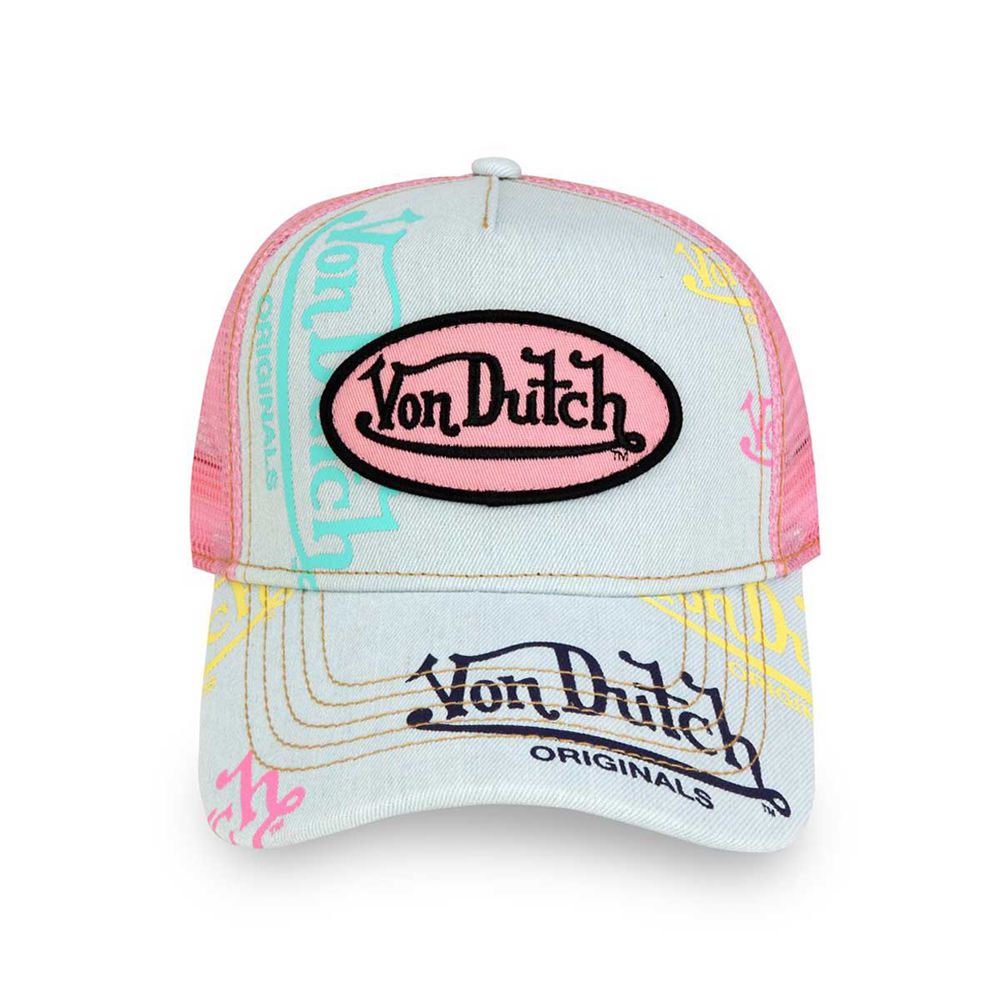 Von Dutch Trucker Logo Denim Cap Light Blue / Pink | US-TWXACD584