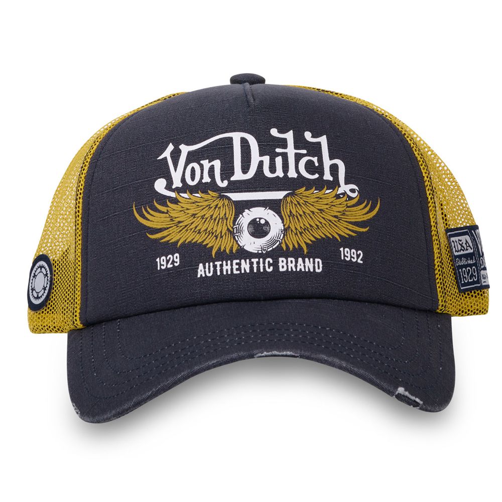 Von Dutch Trucker Snapback Crew Closure Cap Grey / Yellow | US-KSNRMP958