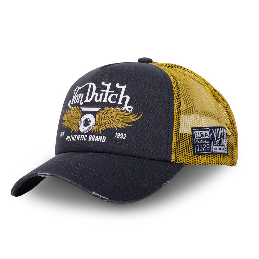 Von Dutch Trucker Snapback Crew Closure Cap Grey / Yellow | US-KSNRMP958