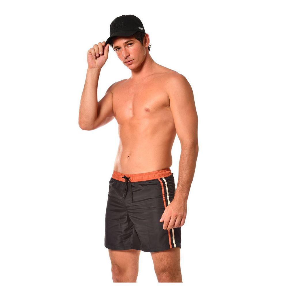 Von Dutch Two-tone With Side Stripes Men Shorts Black / Orange | US-AHUZGI765