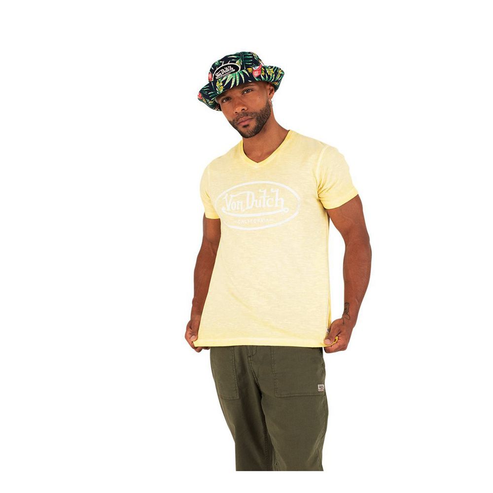 Von Dutch Tyron Cotton V-Neck Men T-Shirt Yellow Pastel / White | US-DXTUVH087