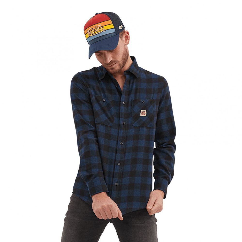 Von Dutch Very Soft Plaid Checked With Woven Badge On The Jack Pocket Men Shirts Blue | US-KEHYZM085