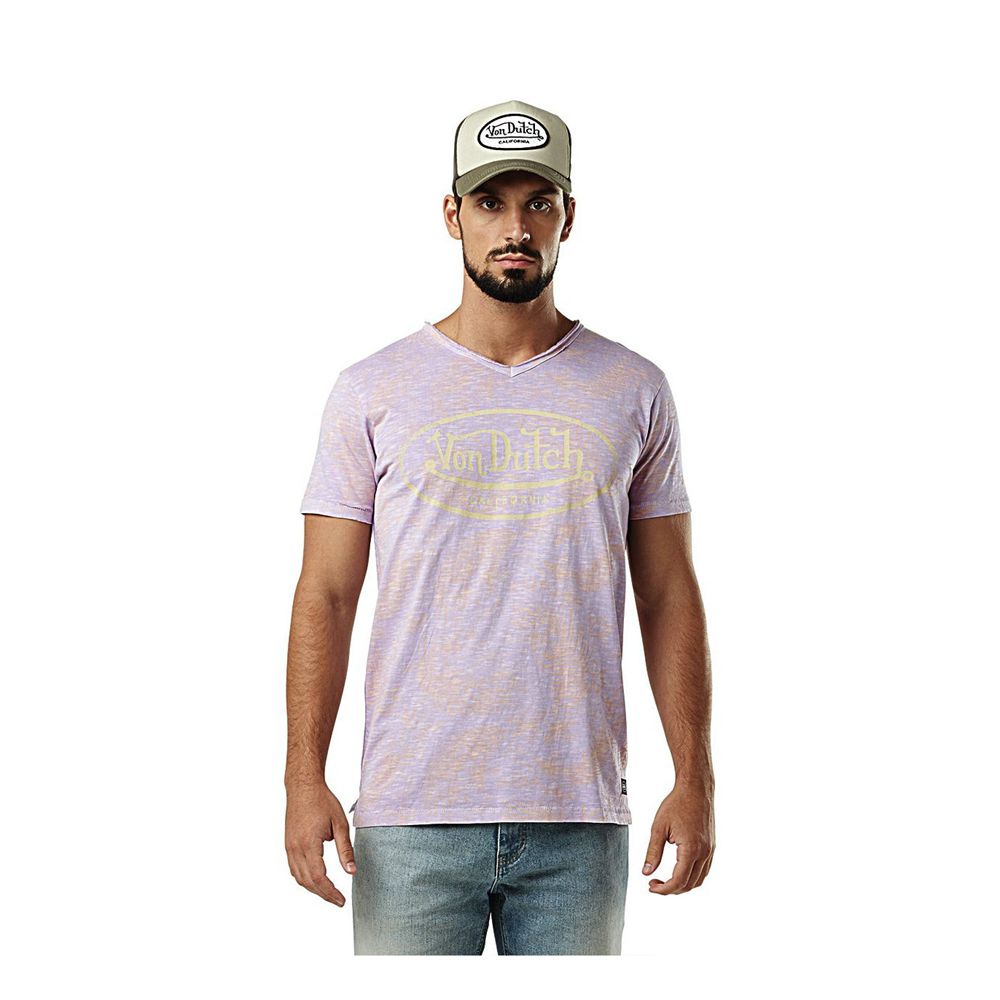 Von Dutch V-neck With Cotton Treatment Ron Men T-Shirt Purple / White | US-COKDMI250