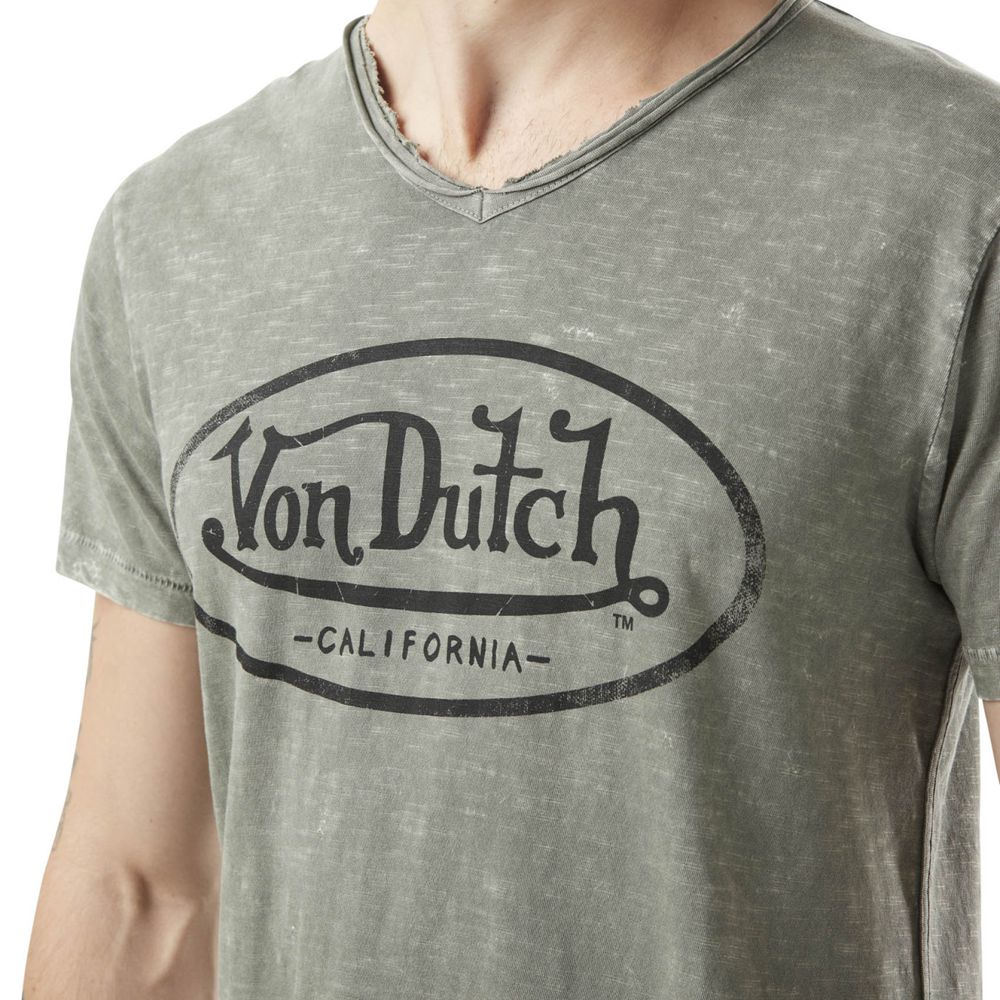 Von Dutch V-neck With Cotton Treatment Ron Men T-Shirt Khaki / Grey | US-UAXMTE048