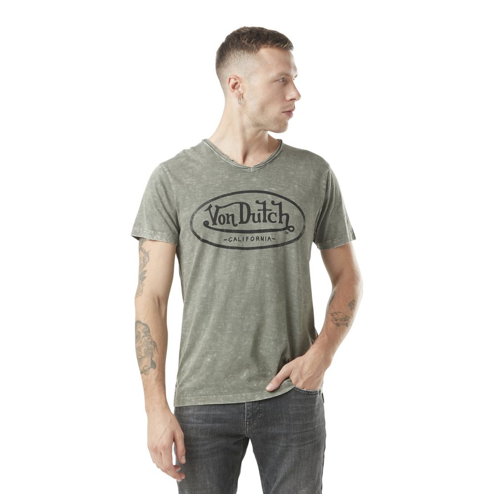 Von Dutch V-neck With Cotton Treatment Ron Men T-Shirt Khaki / Grey | US-UAXMTE048