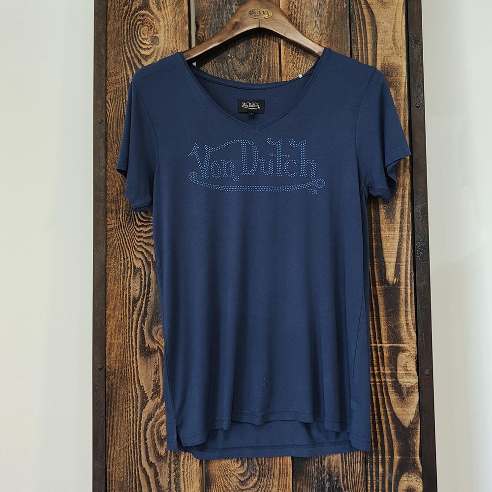 Von Dutch V-neck With Print And Rhinestones On Front Roan Women T-Shirt Navy | US-CFINTU094