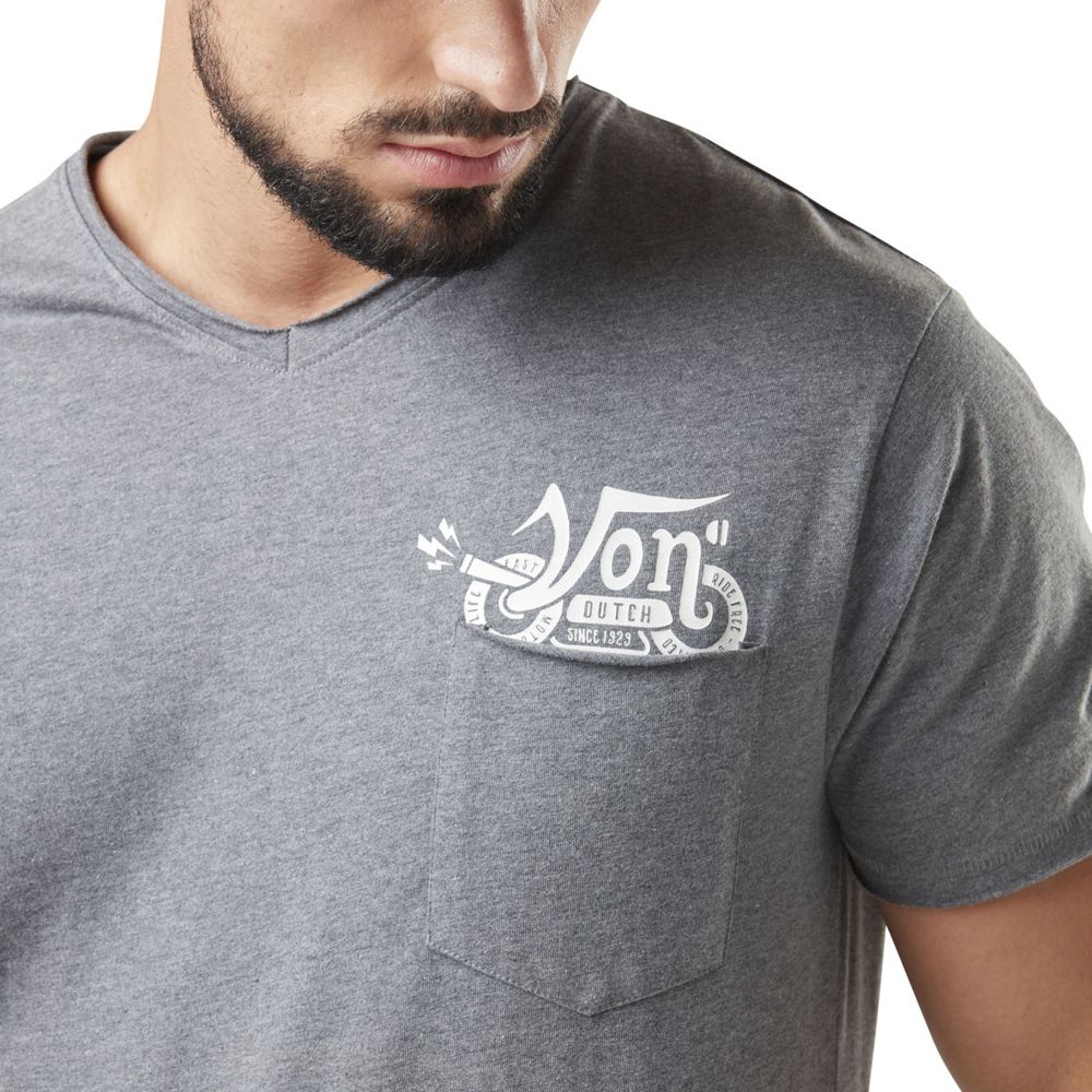 Von Dutch V-neck With Print Under The Pocket Vond Men T-Shirt Grey | US-EMJHKU031