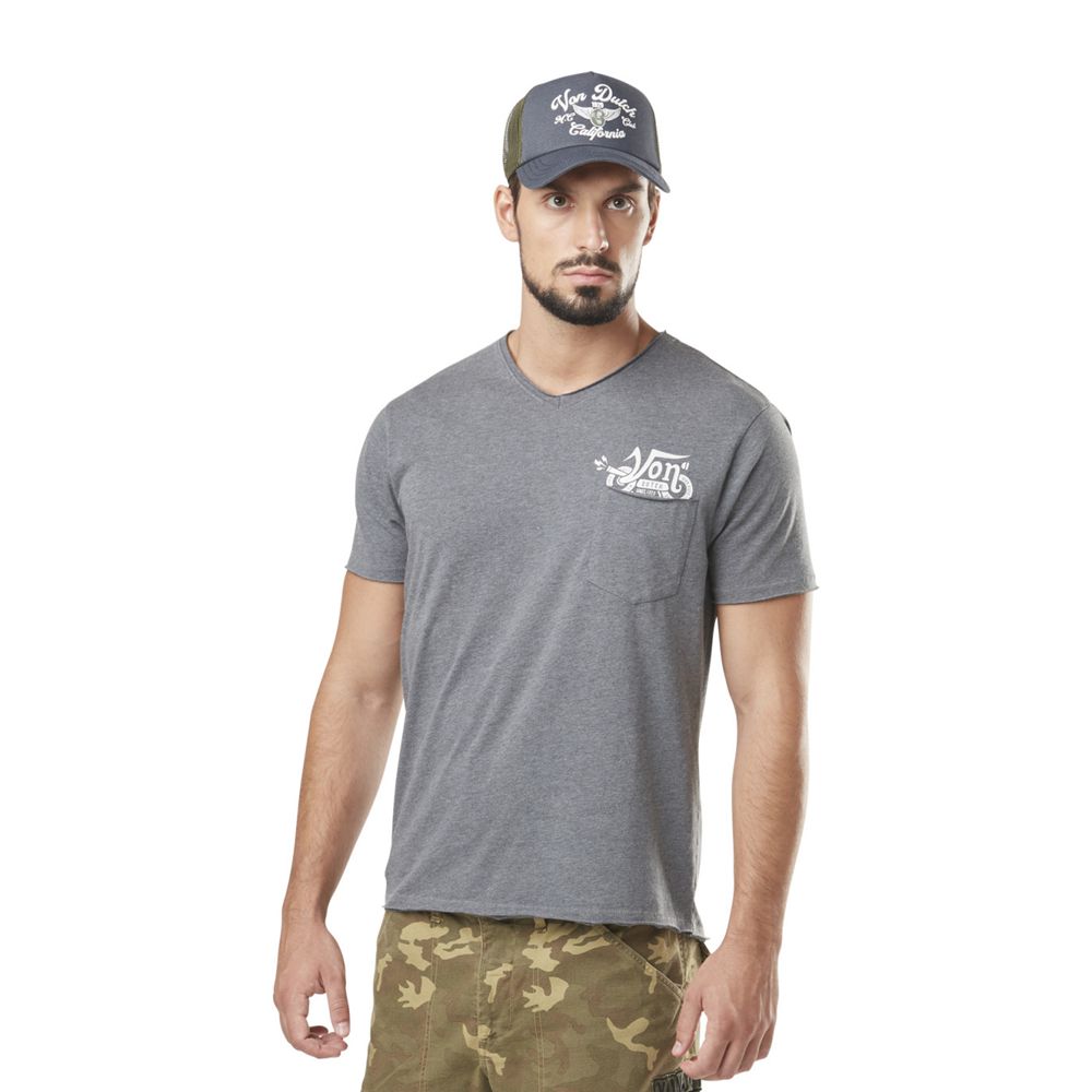 Von Dutch V-neck With Print Under The Pocket Vond Men T-Shirt Grey | US-EMJHKU031