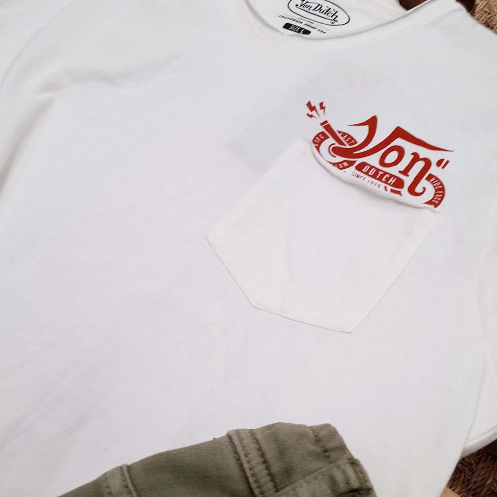 Von Dutch V-neck With Print Under The Pocket Vond Men T-Shirt Beige / Red | US-CPVIAH027