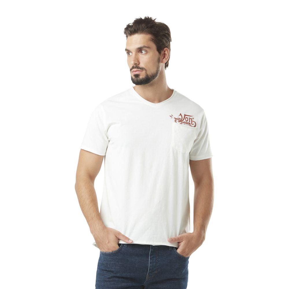 Von Dutch V-neck With Print Under The Pocket Vond Men T-Shirt Beige / Red | US-CPVIAH027