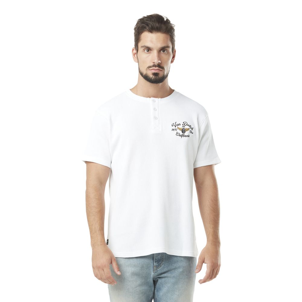 Von Dutch Waffle With Button Placket Collar And Cotton Print Men T-Shirt White | US-MXTRHS175