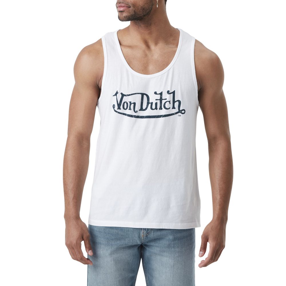 Von Dutch With Logo On The Chest Base Men Tank Top White / Black | US-QJKOMY473