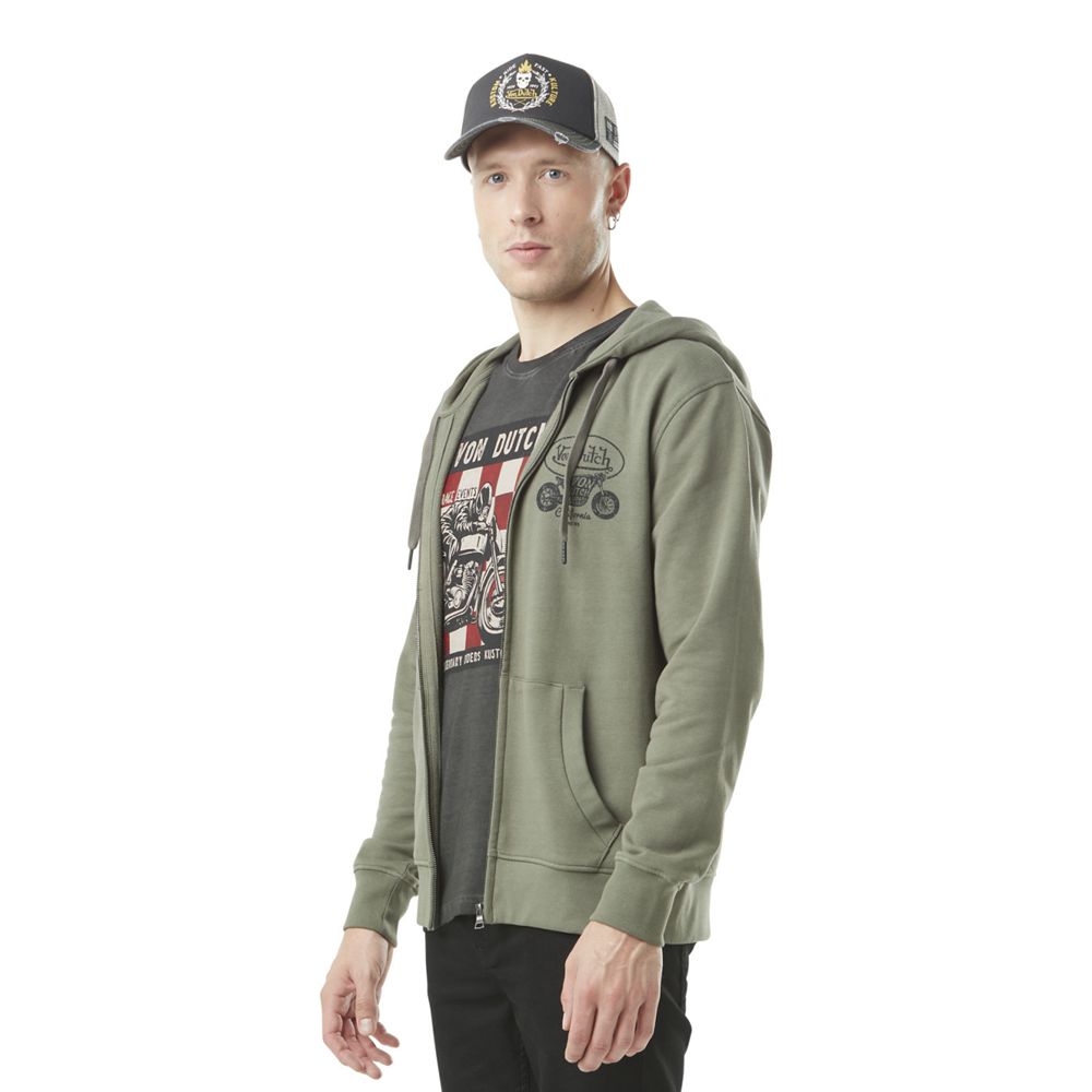 Von Dutch Zipped With Ori Front Print In Cotton Men Hoodie Khaki | US-PBYWND347