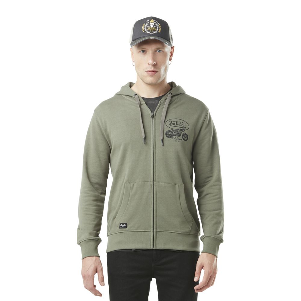 Von Dutch Zipped With Ori Front Print In Cotton Men Hoodie Khaki | US-PBYWND347